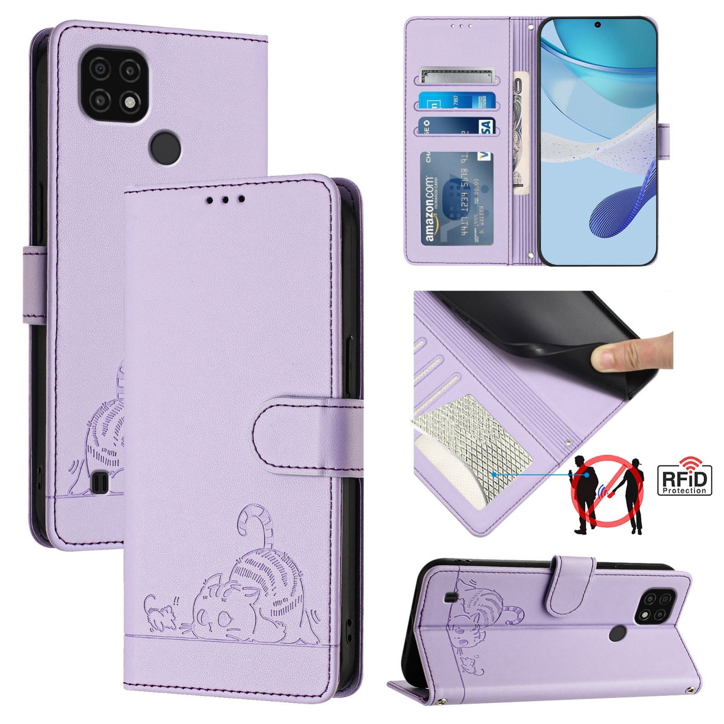 Realme C21 Leather Phone Case with Cat and Rat Embossed Pattern, RFID Protection, Card Holder Slots, Anti-fall Feature & Lanyard