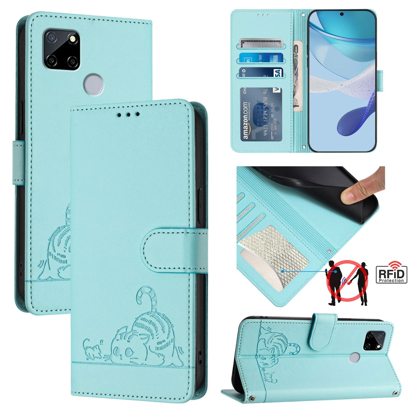 Realme C25 Leather Phone Case with Cat and Rat Embossed Pattern, RFID Protection, Card Holder Slots, Anti-fall Feature & Lanyard