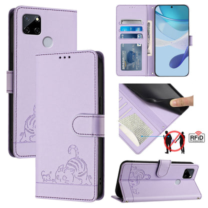 Realme C12 Leather Phone Case with Cat and Rat Embossed Pattern, RFID Protection, Card Holder Slots, Anti-fall Feature & Lanyard