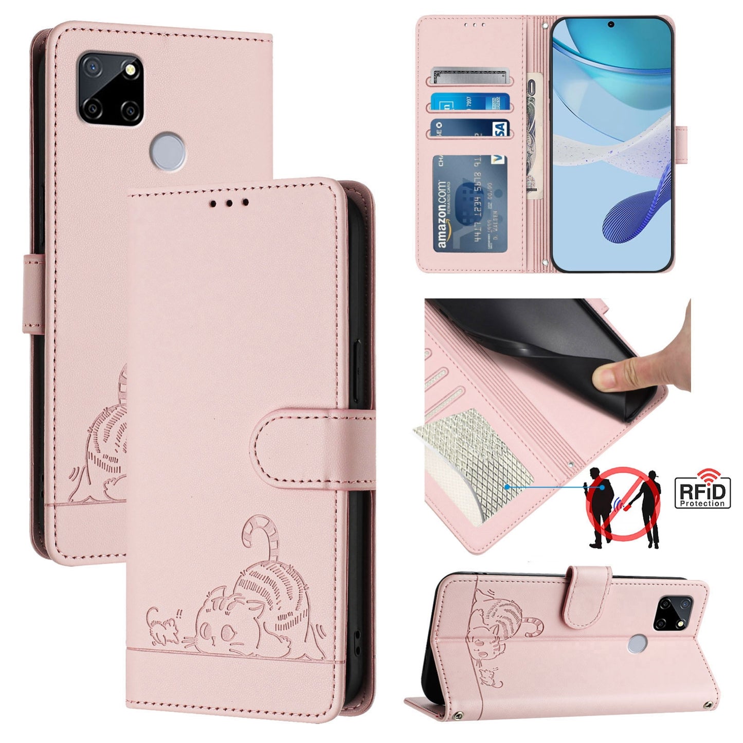 Realme C25S Leather Phone Case with Cat and Rat Embossed Pattern, RFID Protection, Card Holder Slots, Anti-fall Feature & Lanyard