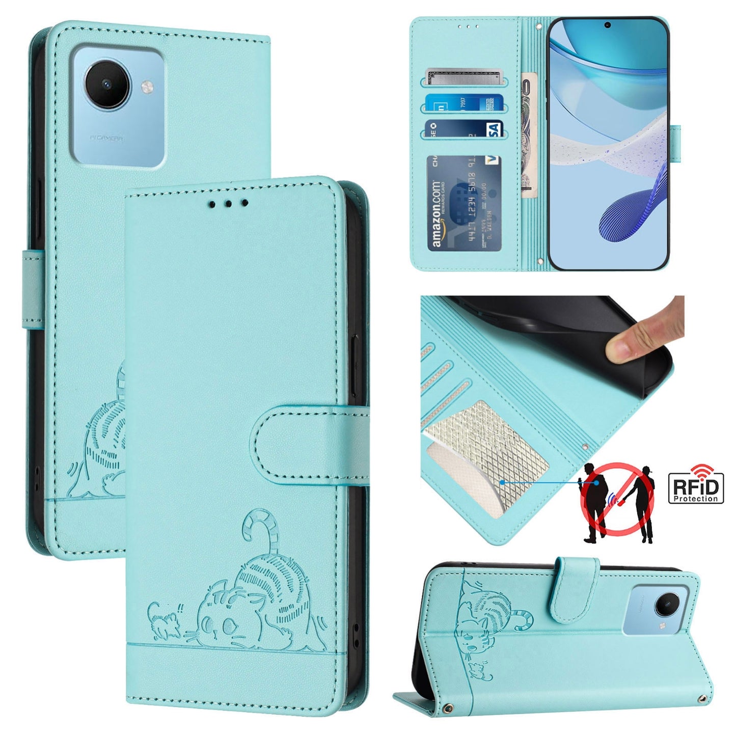 Realme C30 4G Leather Phone Case with Cat and Rat Embossed Pattern, RFID Protection, Card Holder Slots, Anti-fall Feature & Lanyard