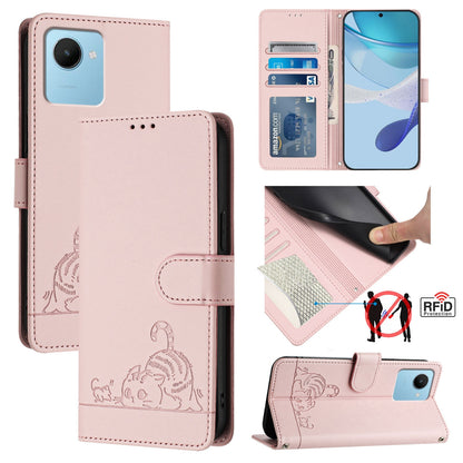 Realme Narzo 50i Prime Leather Phone Case with Cat and Rat Embossed Pattern, RFID Protection, Card Holder Slots, Anti-fall Feature & Lanyard
