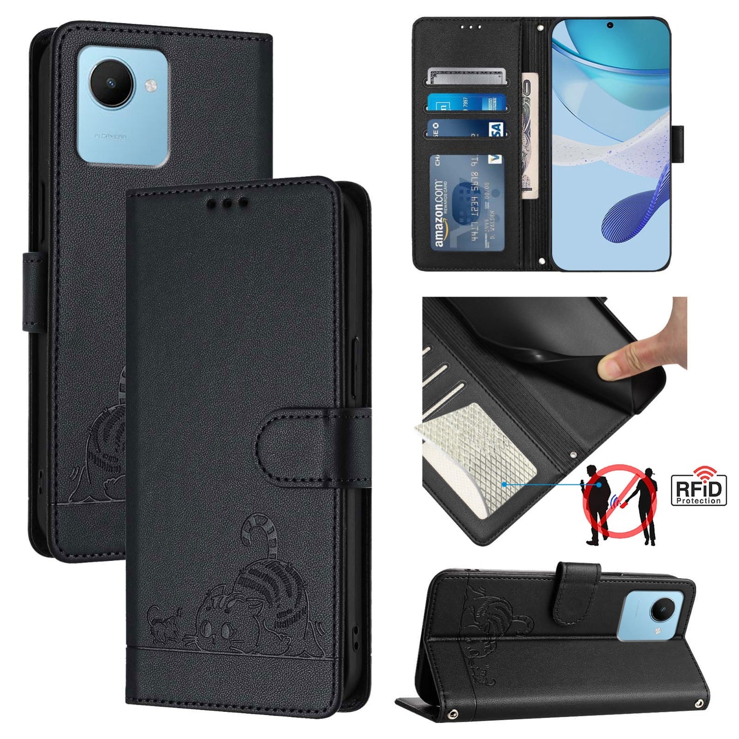 Realme C30 4G Leather Phone Case with Cat and Rat Embossed Pattern, RFID Protection, Card Holder Slots, Anti-fall Feature & Lanyard