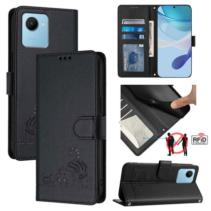 Realme Narzo 50i Prime Leather Phone Case with Cat and Rat Embossed Pattern, RFID Protection, Card Holder Slots, Anti-fall Feature & Lanyard