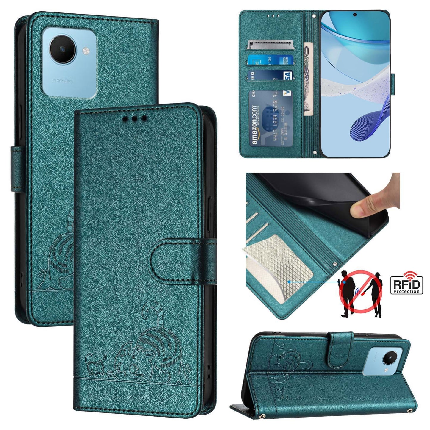 Realme C30 4G Leather Phone Case with Cat and Rat Embossed Pattern, RFID Protection, Card Holder Slots, Anti-fall Feature & Lanyard