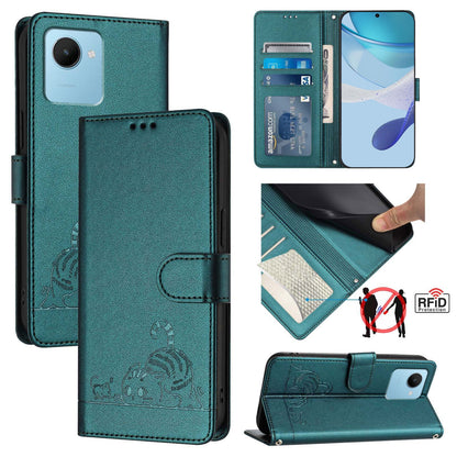 Realme C30 4G Leather Phone Case with Cat and Rat Embossed Pattern, RFID Protection, Card Holder Slots, Anti-fall Feature & Lanyard