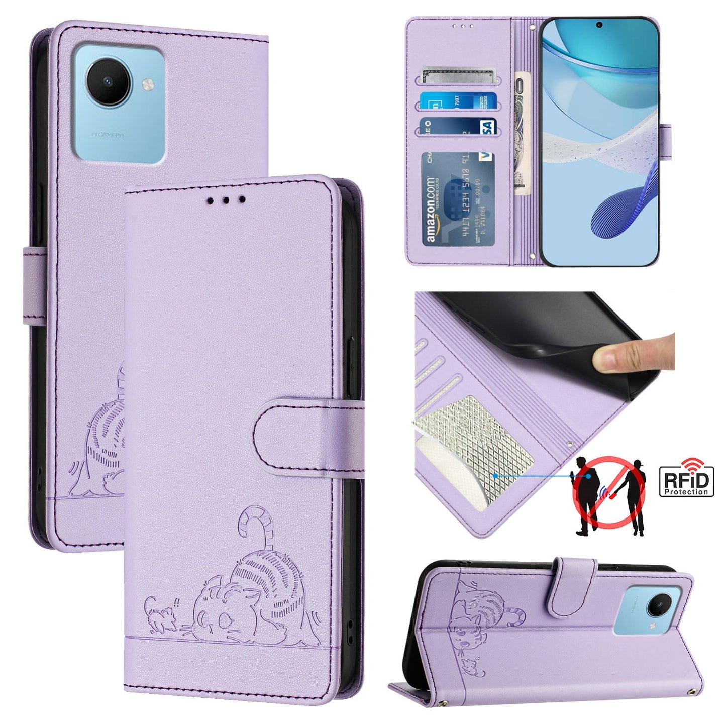 Realme C30 4G Leather Phone Case with Cat and Rat Embossed Pattern, RFID Protection, Card Holder Slots, Anti-fall Feature & Lanyard