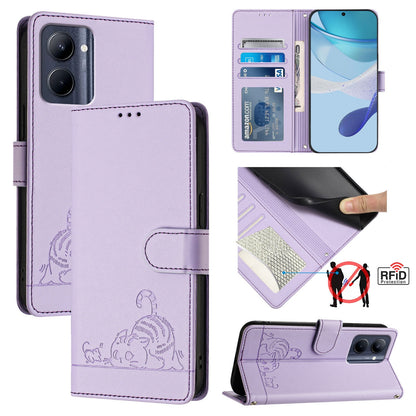 Realme C33 2022 Global Leather Phone Case with Cat and Rat Embossed Pattern, RFID Protection, Card Holder Slots, Anti-fall Feature & Lanyard