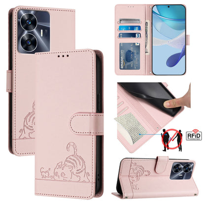 Realme C55 4G Global Leather Phone Case with Cat and Rat Embossed Pattern, RFID Protection, Card Holder Slots, Anti-fall Feature & Lanyard