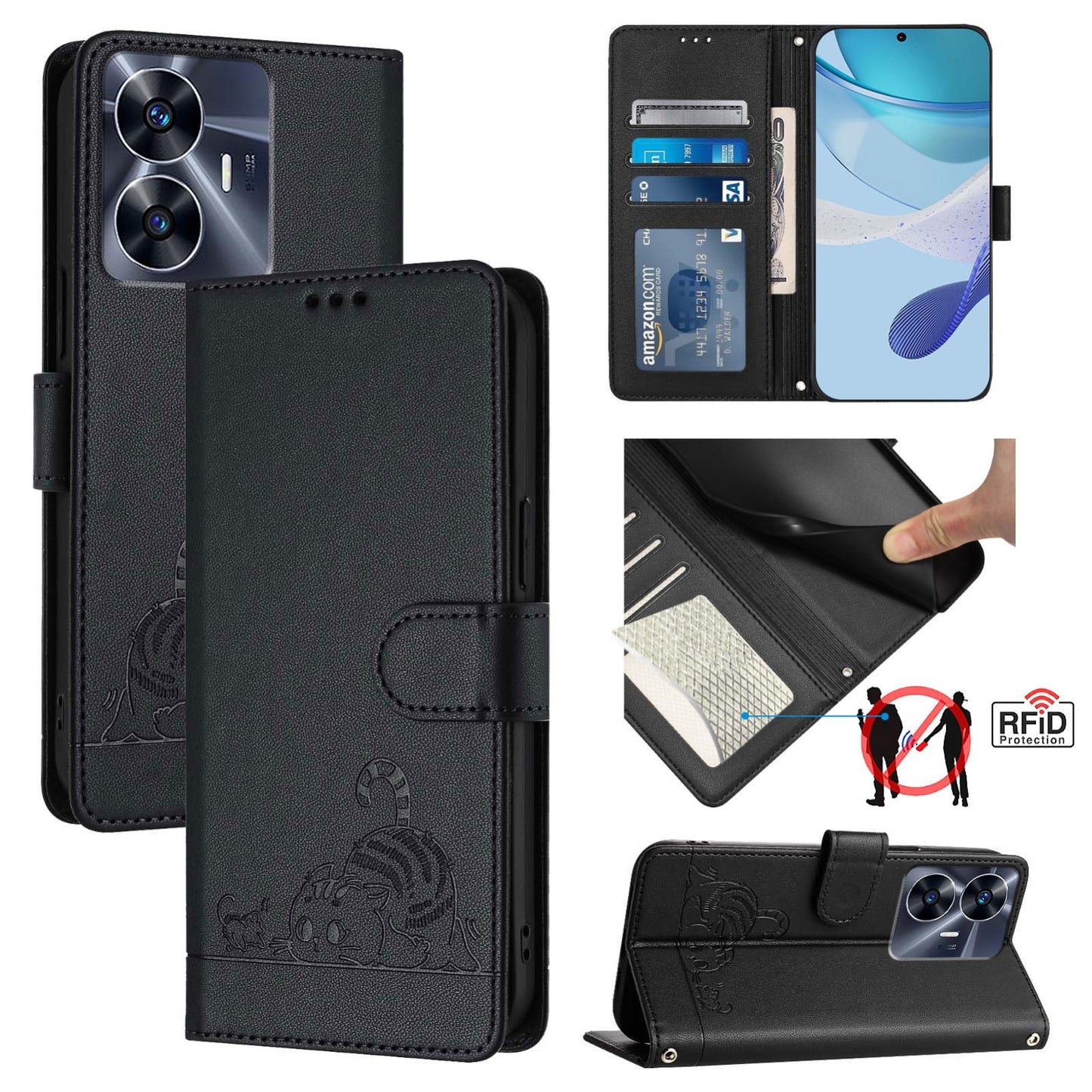 Realme C55 4G Global Leather Phone Case with Cat and Rat Embossed Pattern, RFID Protection, Card Holder Slots, Anti-fall Feature & Lanyard