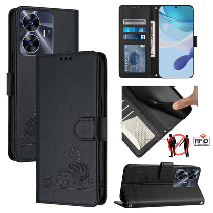 Realme C55 4G Global Leather Phone Case with Cat and Rat Embossed Pattern, RFID Protection, Card Holder Slots, Anti-fall Feature & Lanyard