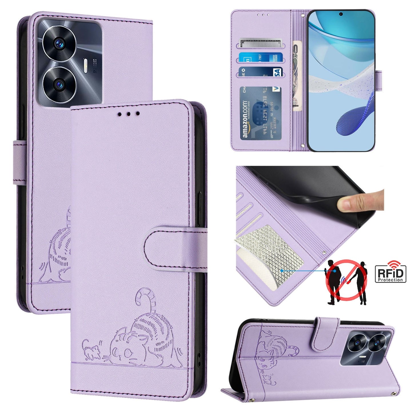 Realme C55 4G Global Leather Phone Case with Cat and Rat Embossed Pattern, RFID Protection, Card Holder Slots, Anti-fall Feature & Lanyard