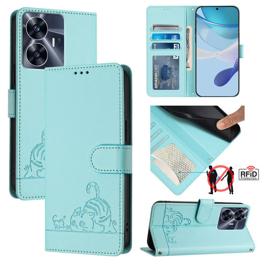 Realme Narzo N55 Leather Phone Case with Cat and Rat Embossed Pattern, RFID Protection, Card Holder Slots, Anti-fall Feature & Lanyard