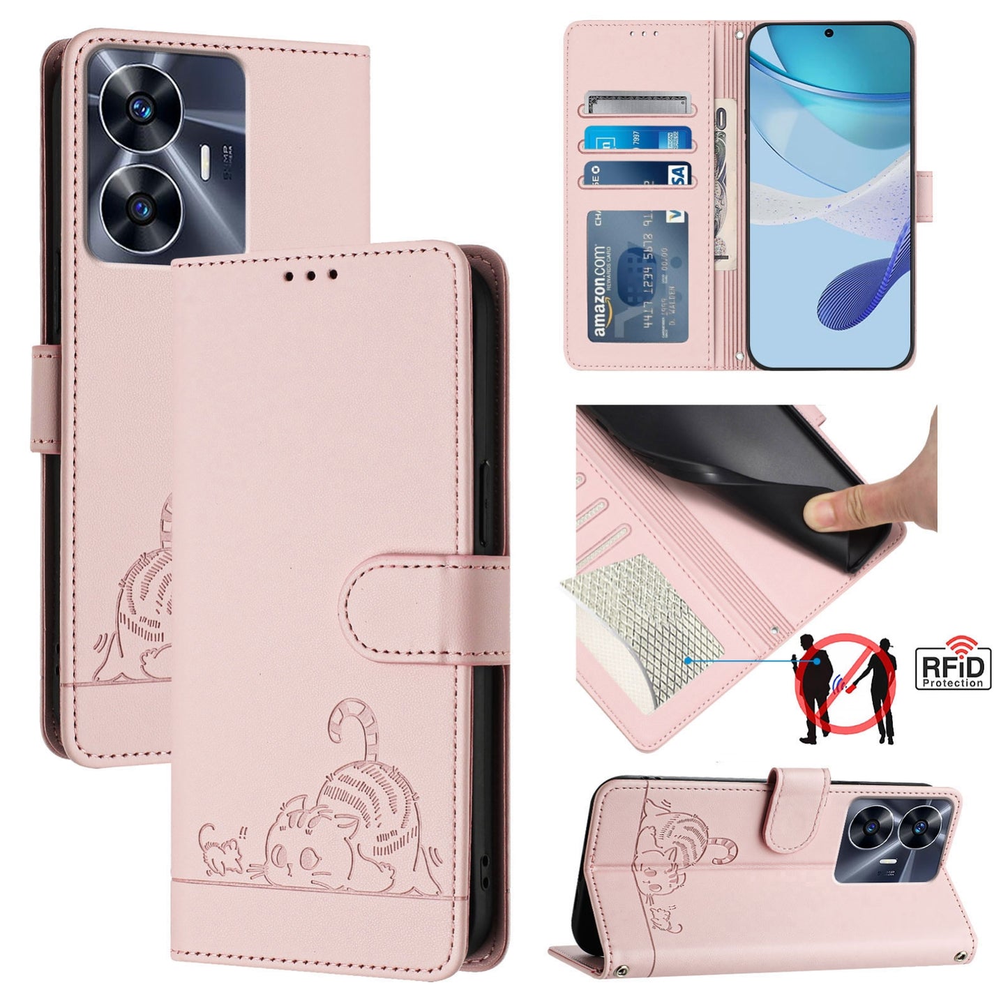 Realme Narzo N55 Leather Phone Case with Cat and Rat Embossed Pattern, RFID Protection, Card Holder Slots, Anti-fall Feature & Lanyard