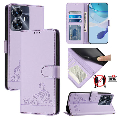 Realme Narzo N55 Leather Phone Case with Cat and Rat Embossed Pattern, RFID Protection, Card Holder Slots, Anti-fall Feature & Lanyard