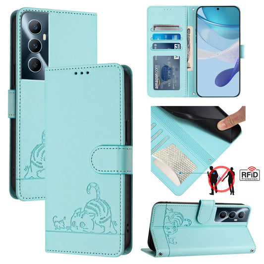 Realme C65 4G Global Leather Phone Case with Cat and Rat Embossed Pattern, RFID Protection, Card Holder Slots, Anti-fall Feature & Lanyard