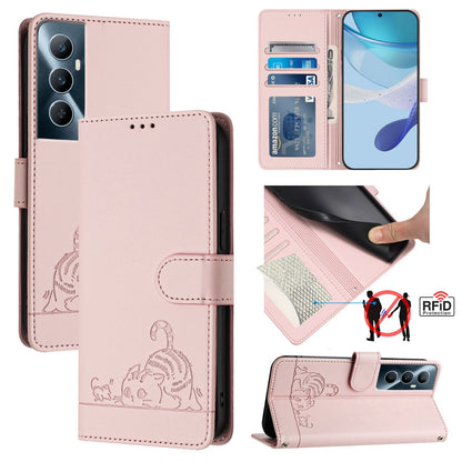 Realme C65 4G Global Leather Phone Case with Cat and Rat Embossed Pattern, RFID Protection, Card Holder Slots, Anti-fall Feature & Lanyard