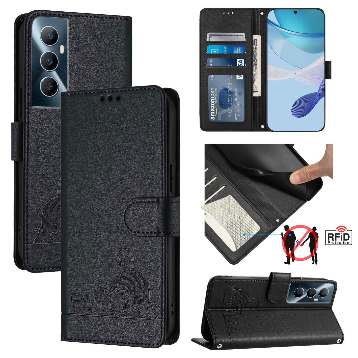 Realme C65 4G Global Leather Phone Case with Cat and Rat Embossed Pattern, RFID Protection, Card Holder Slots, Anti-fall Feature & Lanyard
