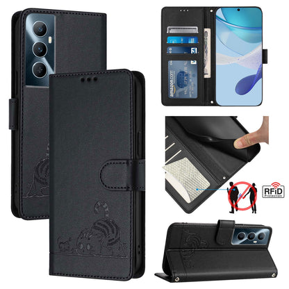 Realme C65 4G Global Leather Phone Case with Cat and Rat Embossed Pattern, RFID Protection, Card Holder Slots, Anti-fall Feature & Lanyard