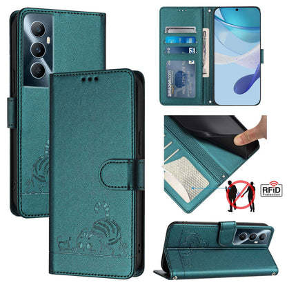 Realme C65 4G Global Leather Phone Case with Cat and Rat Embossed Pattern, RFID Protection, Card Holder Slots, Anti-fall Feature & Lanyard
