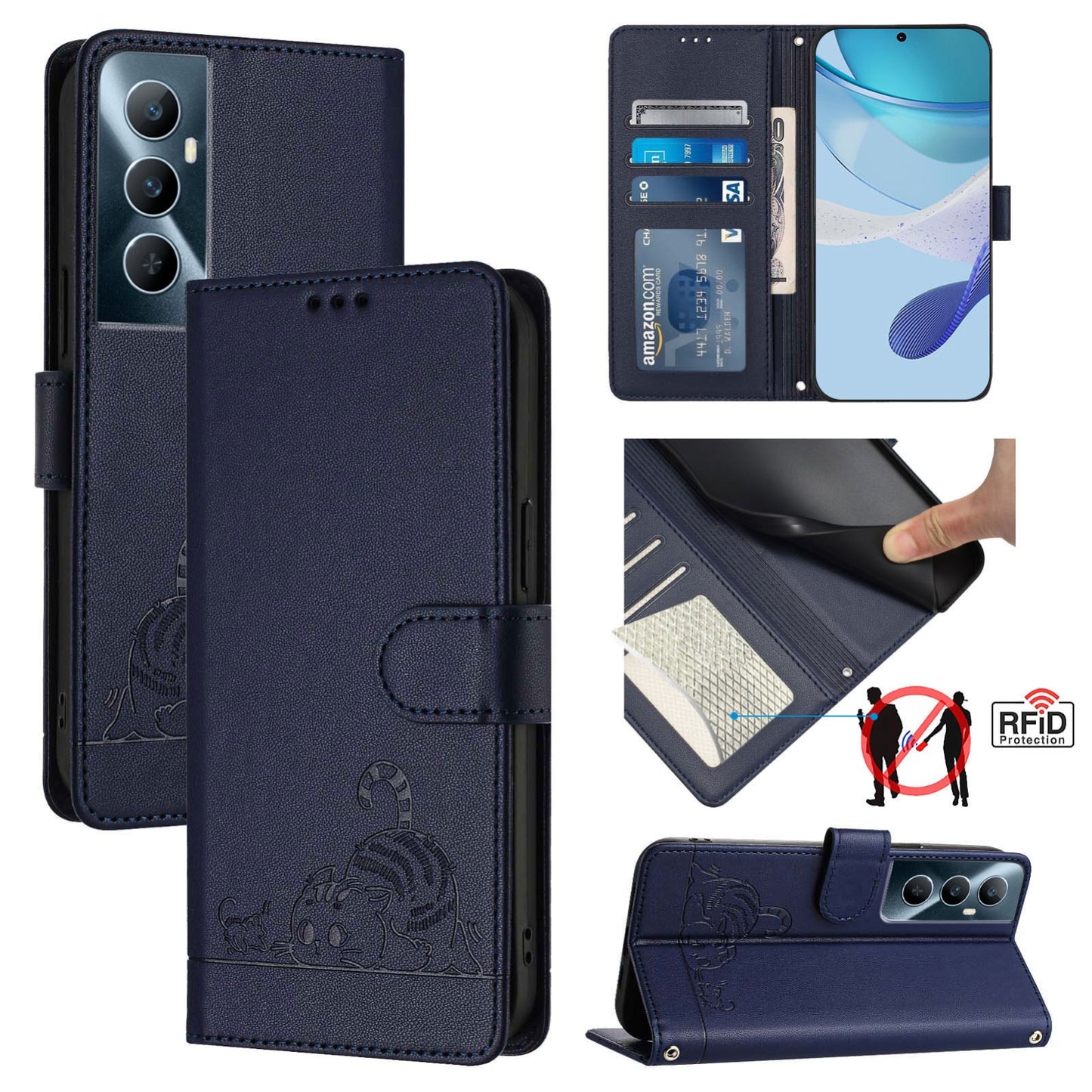 Realme C65 4G Global Leather Phone Case with Cat and Rat Embossed Pattern, RFID Protection, Card Holder Slots, Anti-fall Feature & Lanyard