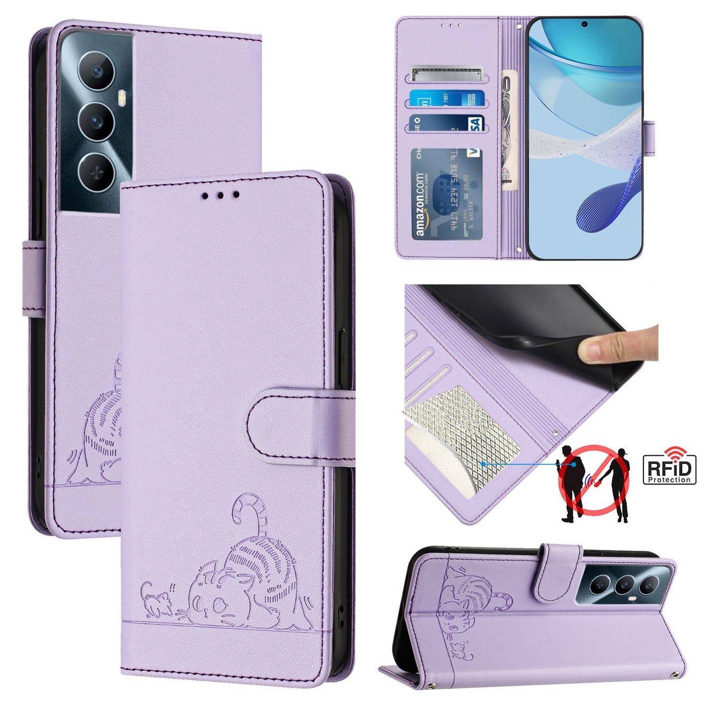 Realme C65 4G Global Leather Phone Case with Cat and Rat Embossed Pattern, RFID Protection, Card Holder Slots, Anti-fall Feature & Lanyard
