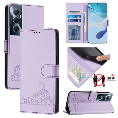 Realme C65 4G Global Leather Phone Case with Cat and Rat Embossed Pattern, RFID Protection, Card Holder Slots, Anti-fall Feature & Lanyard