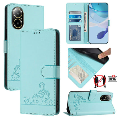Realme C67 4G Global Leather Phone Case with Cat and Rat Embossed Pattern, RFID Protection, Card Holder Slots, Anti-fall Feature & Lanyard