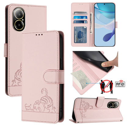 Realme C67 4G Global Leather Phone Case with Cat and Rat Embossed Pattern, RFID Protection, Card Holder Slots, Anti-fall Feature & Lanyard