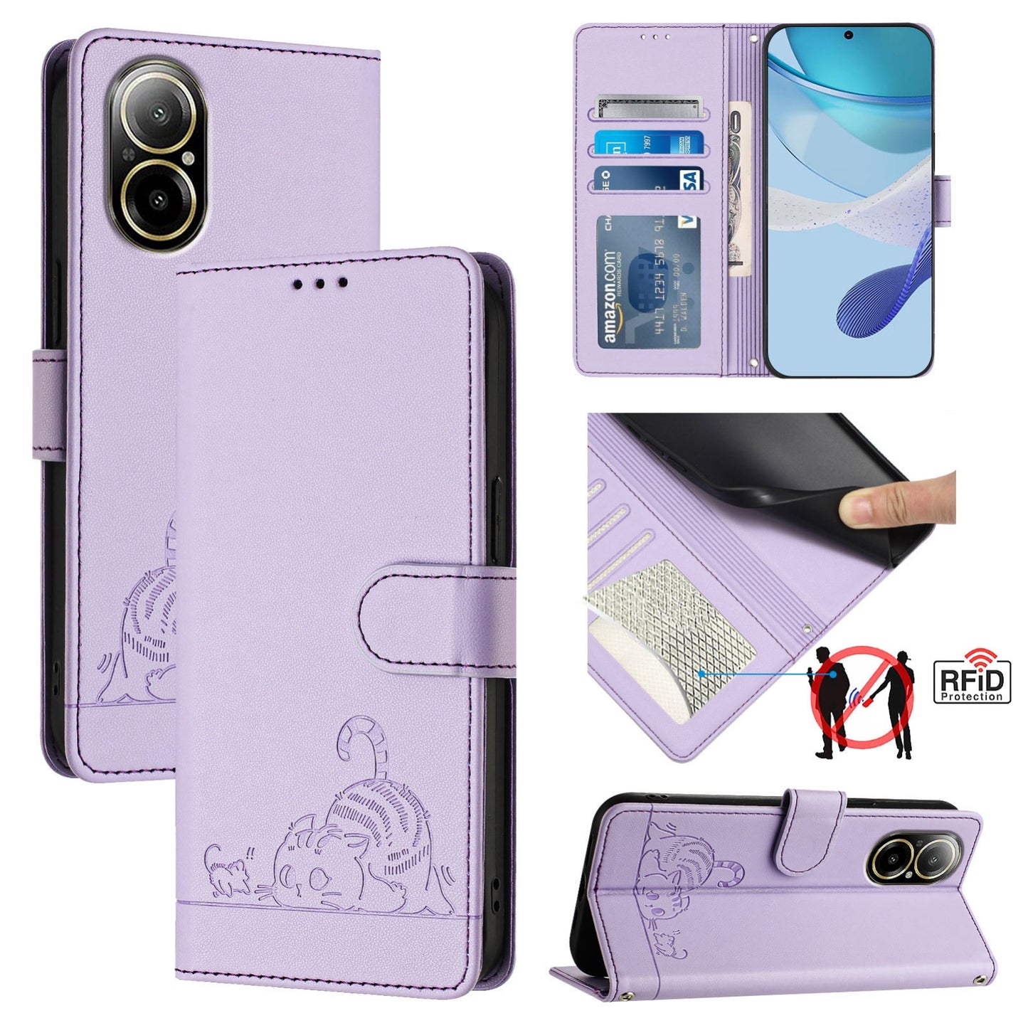 Realme C67 4G Global Leather Phone Case with Cat and Rat Embossed Pattern, RFID Protection, Card Holder Slots, Anti-fall Feature & Lanyard