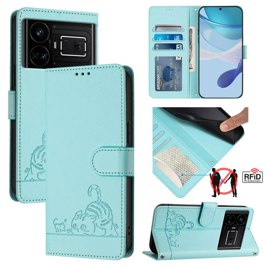 Realme GT 5G Leather Phone Case with Cat and Rat Embossed Pattern, RFID Protection, Card Holder Slots, Anti-fall Feature & Lanyard