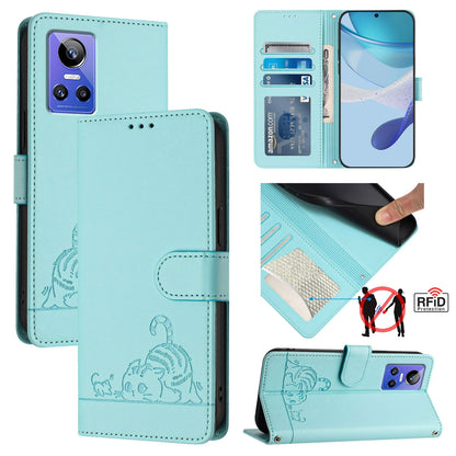 Realme GT NEO3 Leather Phone Case with Cat and Rat Embossed Pattern, RFID Protection, Card Holder Slots, Anti-fall Feature & Lanyard