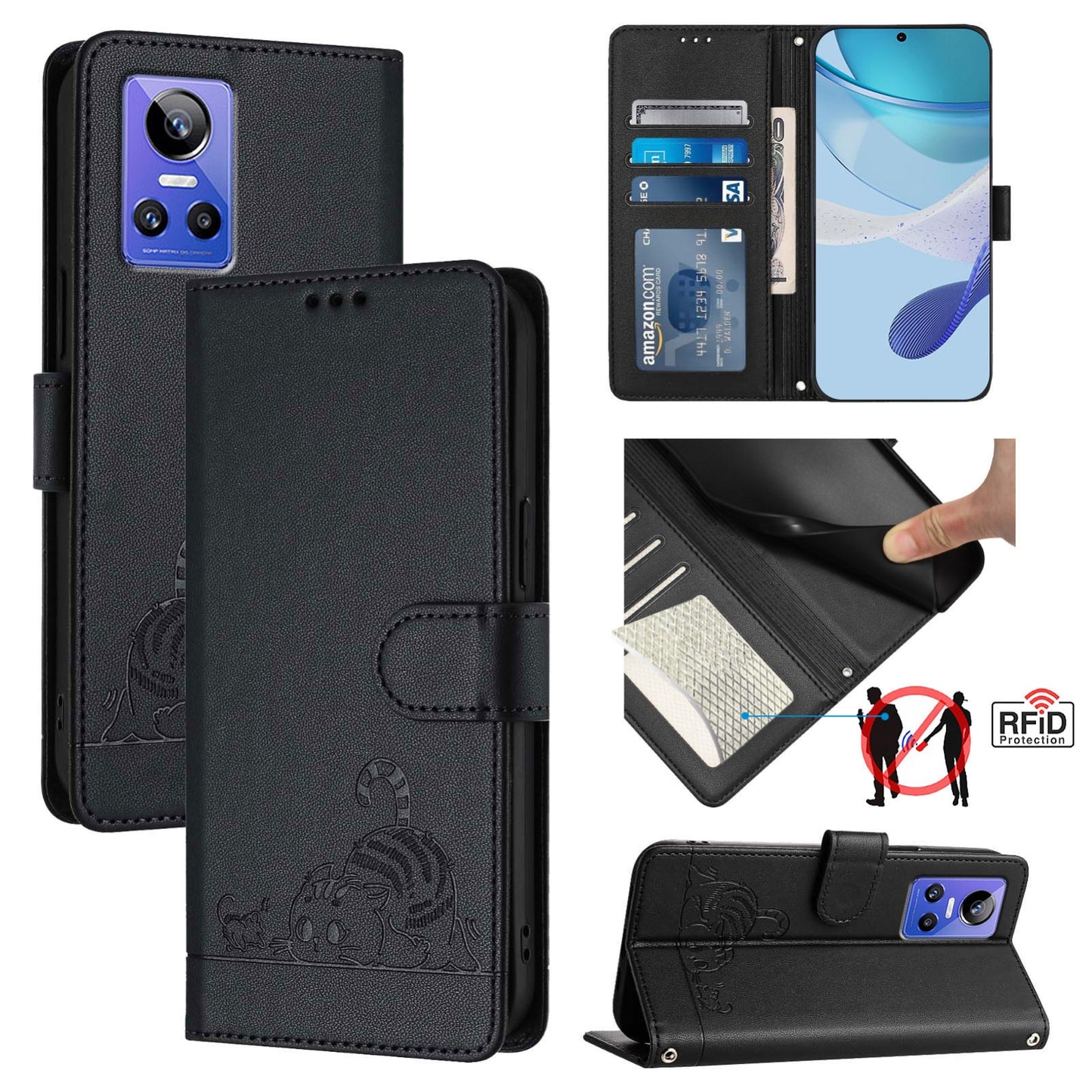 Realme GT NEO3 Leather Phone Case with Cat and Rat Embossed Pattern, RFID Protection, Card Holder Slots, Anti-fall Feature & Lanyard