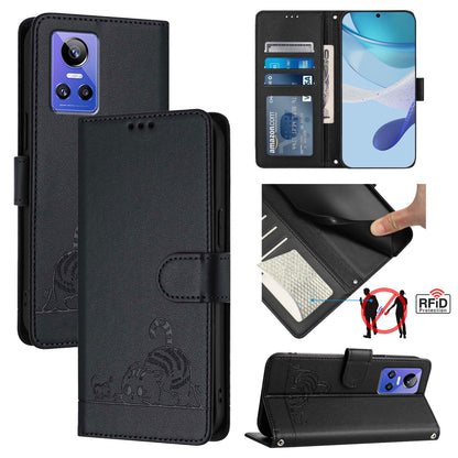 Realme GT NEO3 Leather Phone Case with Cat and Rat Embossed Pattern, RFID Protection, Card Holder Slots, Anti-fall Feature & Lanyard