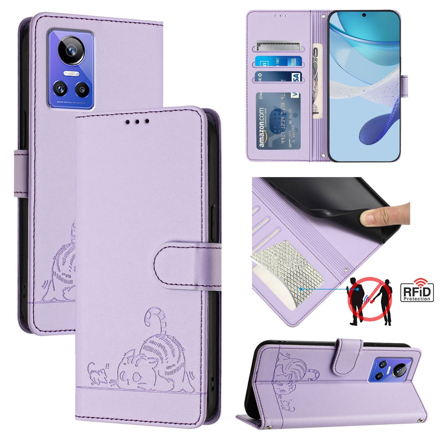 Realme GT NEO3 Leather Phone Case with Cat and Rat Embossed Pattern, RFID Protection, Card Holder Slots, Anti-fall Feature & Lanyard