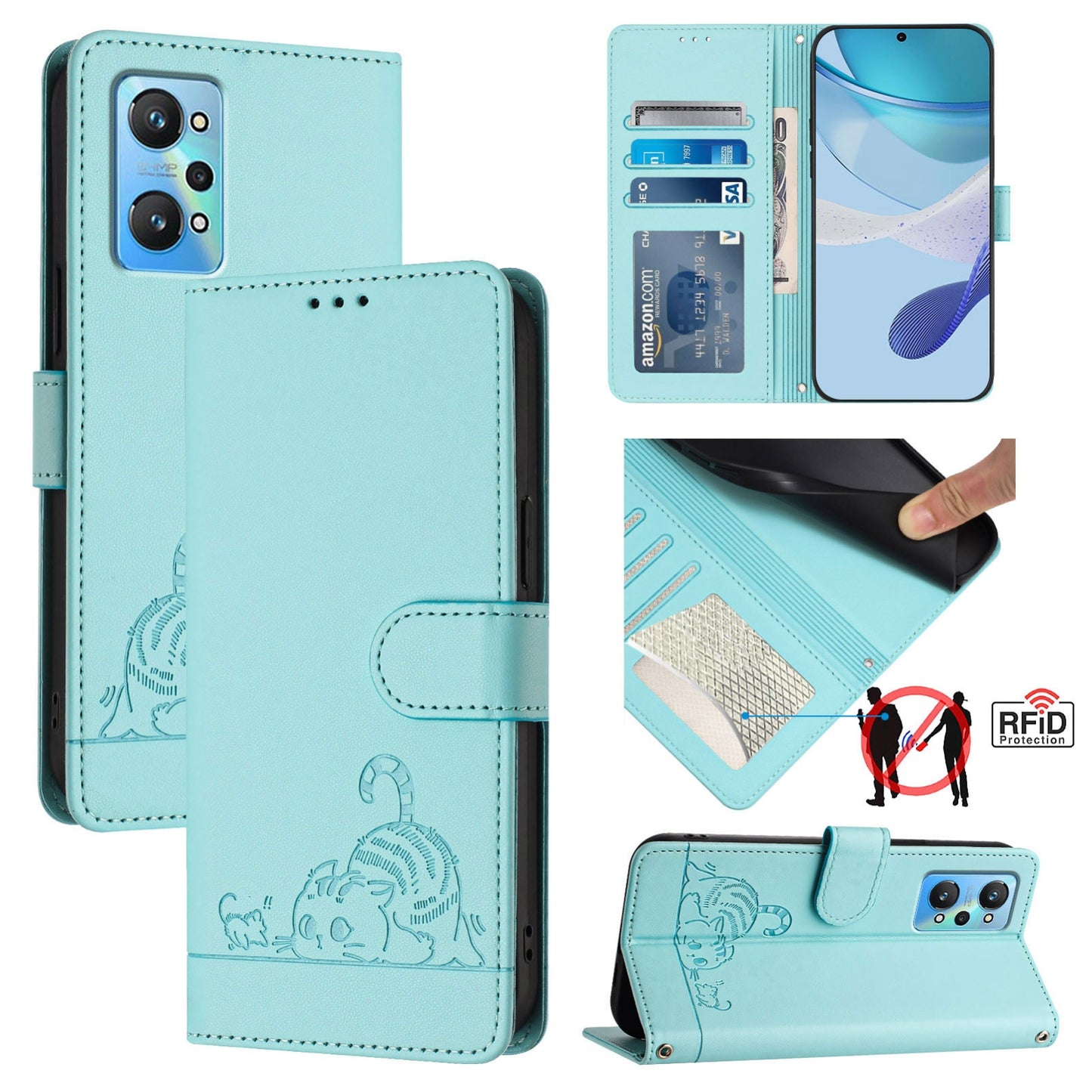 Realme GT NEO 3T Leather Phone Case with Cat and Rat Embossed Pattern, RFID Protection, Card Holder Slots, Anti-fall Feature & Lanyard