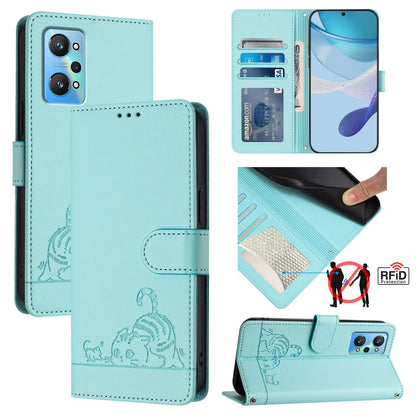 Realme GT NEO 3T Leather Phone Case with Cat and Rat Embossed Pattern, RFID Protection, Card Holder Slots, Anti-fall Feature & Lanyard