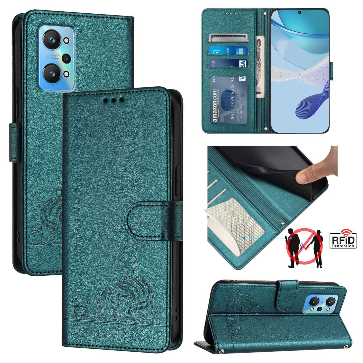 Realme GT NEO 3T Leather Phone Case with Cat and Rat Embossed Pattern, RFID Protection, Card Holder Slots, Anti-fall Feature & Lanyard