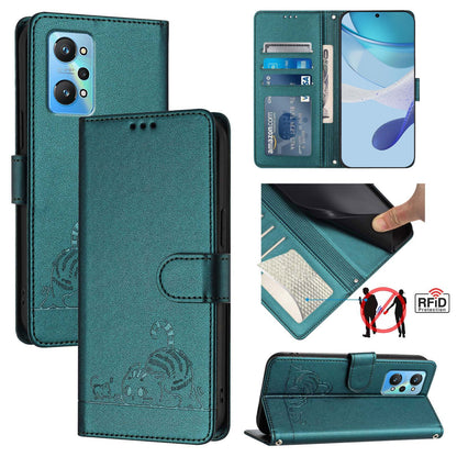 Realme GT NEO 3T Leather Phone Case with Cat and Rat Embossed Pattern, RFID Protection, Card Holder Slots, Anti-fall Feature & Lanyard