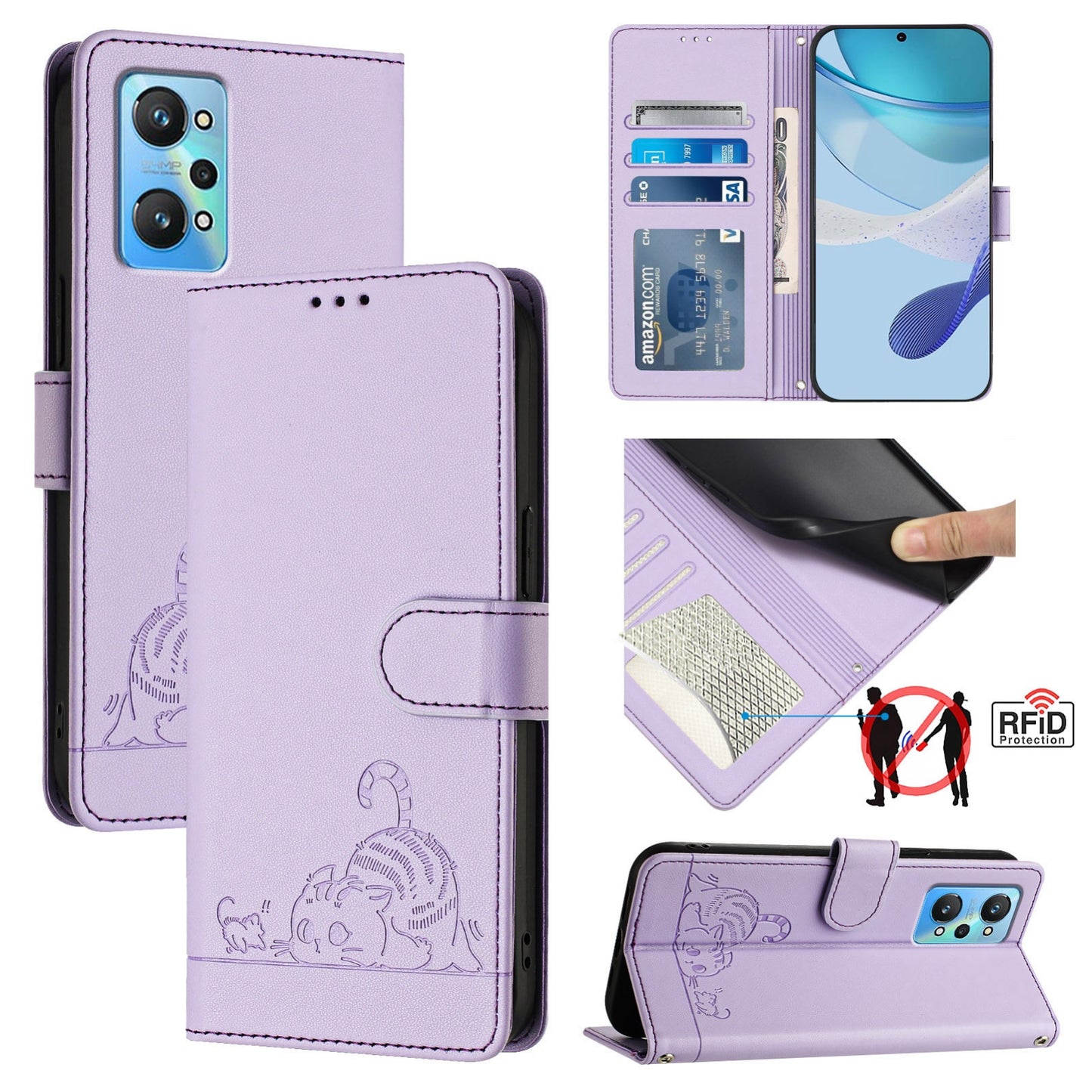 Realme GT NEO 3T Leather Phone Case with Cat and Rat Embossed Pattern, RFID Protection, Card Holder Slots, Anti-fall Feature & Lanyard