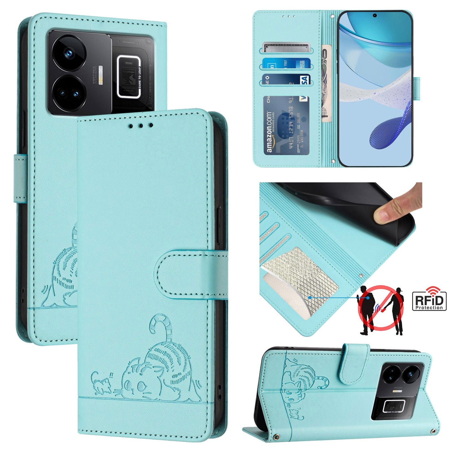 Realme GT3 5G Leather Phone Case with Cat and Rat Embossed Pattern, RFID Protection, Card Holder Slots, Anti-fall Feature & Lanyard
