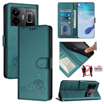 Realme GT Neo 5 240W Leather Phone Case with Cat and Rat Embossed Pattern, RFID Protection, Card Holder Slots, Anti-fall Feature & Lanyard