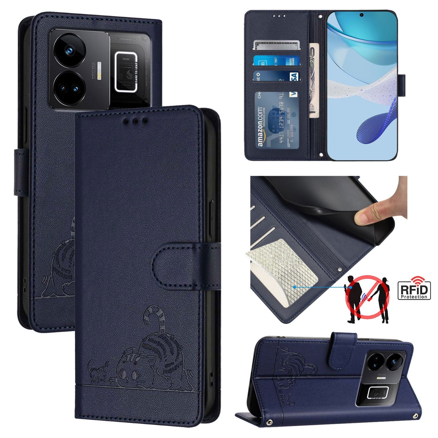 Realme GT3 5G Leather Phone Case with Cat and Rat Embossed Pattern, RFID Protection, Card Holder Slots, Anti-fall Feature & Lanyard