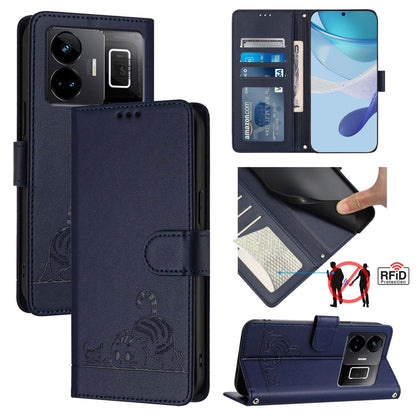 Realme GT3 5G Leather Phone Case with Cat and Rat Embossed Pattern, RFID Protection, Card Holder Slots, Anti-fall Feature & Lanyard