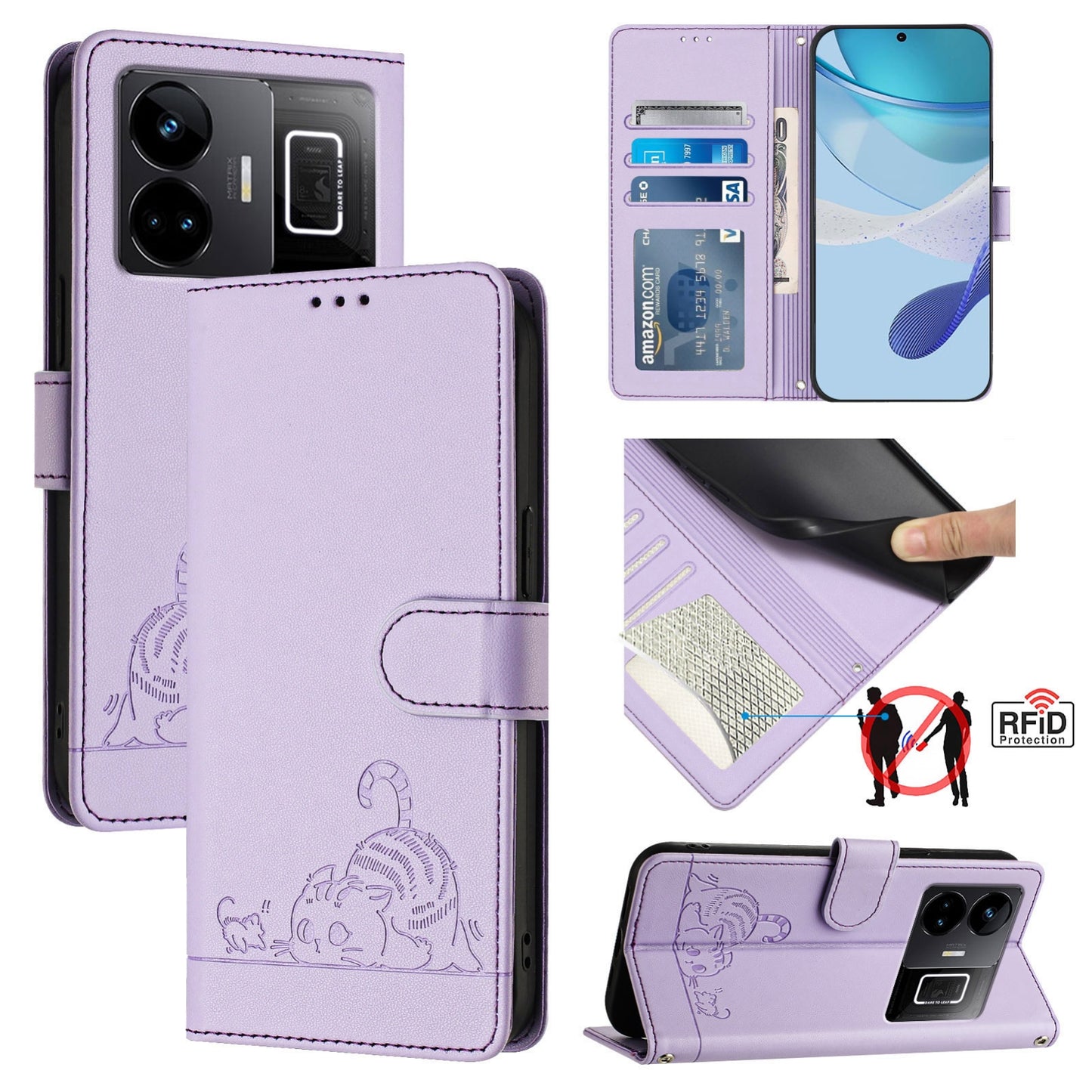 Realme GT3 5G Leather Phone Case with Cat and Rat Embossed Pattern, RFID Protection, Card Holder Slots, Anti-fall Feature & Lanyard