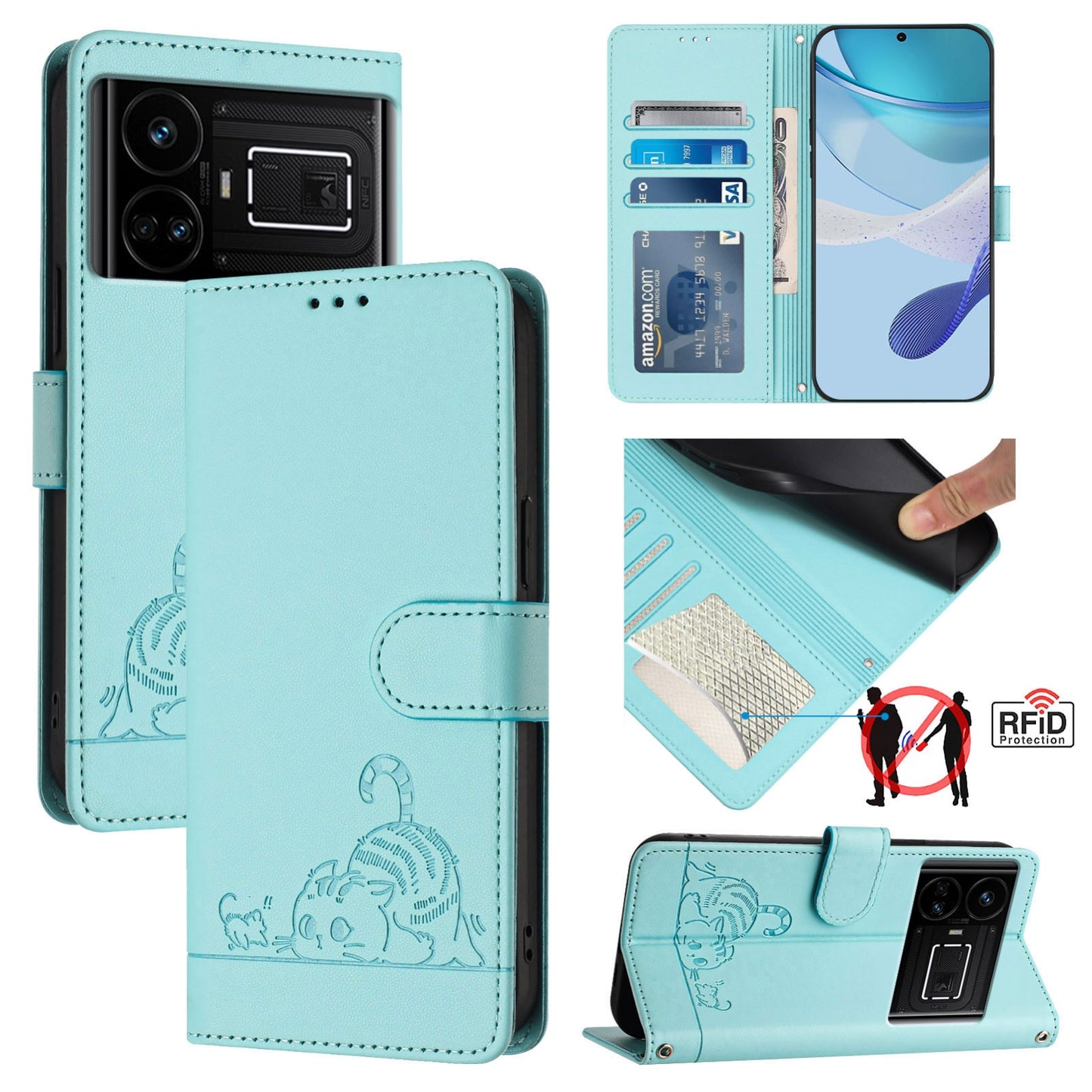 Realme GT5 5G Leather Phone Case with Cat and Rat Embossed Pattern, RFID Protection, Card Holder Slots, Anti-fall Feature & Lanyard