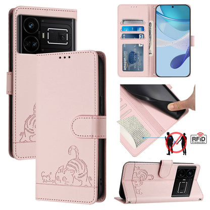 Realme GT5 5G Leather Phone Case with Cat and Rat Embossed Pattern, RFID Protection, Card Holder Slots, Anti-fall Feature & Lanyard