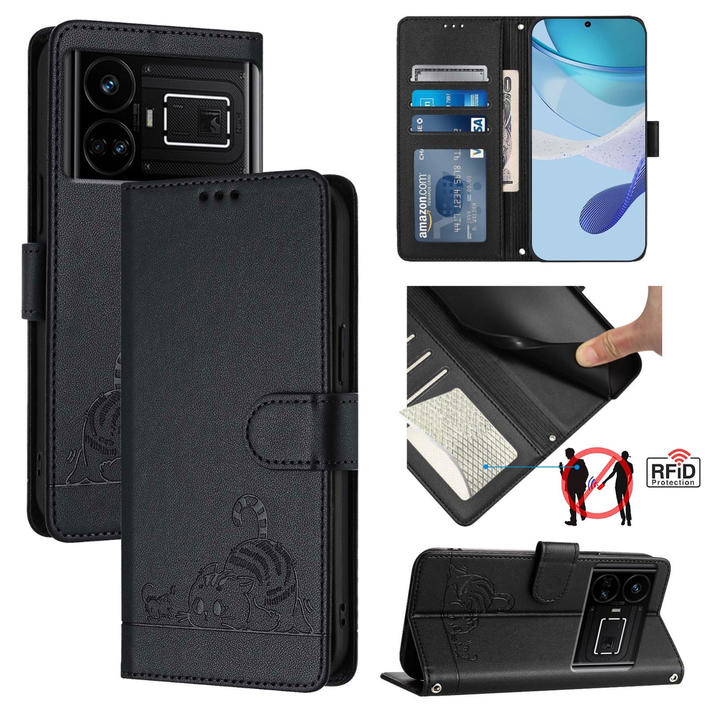 Realme GT5 5G 240W Leather Phone Case with Cat and Rat Embossed Pattern, RFID Protection, Card Holder Slots, Anti-fall Feature & Lanyard