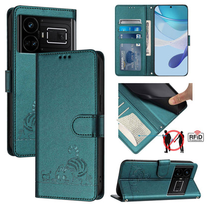 Realme GT5 5G Leather Phone Case with Cat and Rat Embossed Pattern, RFID Protection, Card Holder Slots, Anti-fall Feature & Lanyard