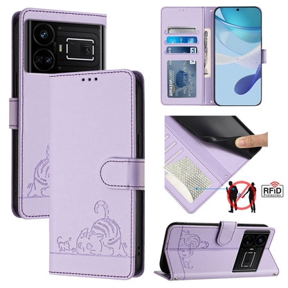 Realme GT5 5G Leather Phone Case with Cat and Rat Embossed Pattern, RFID Protection, Card Holder Slots, Anti-fall Feature & Lanyard
